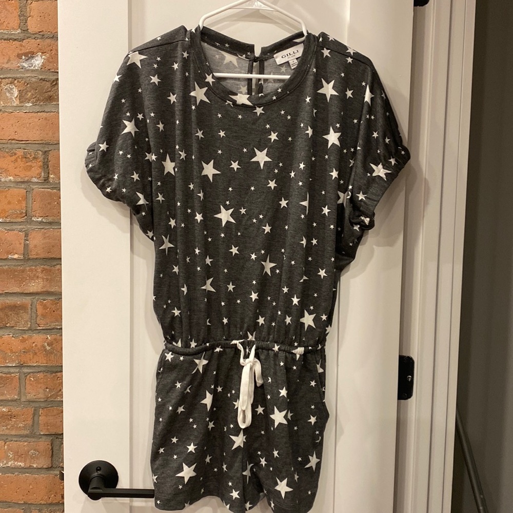 Size S Gray Cozy Romper with Stars Pattern & Tie cinched waist